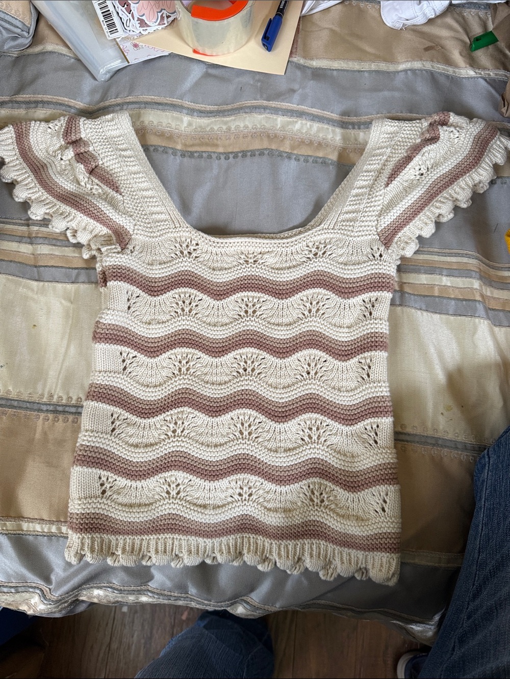 JS Women’s Cream & Taupe Knit Square-Neck Tank Top like new CS